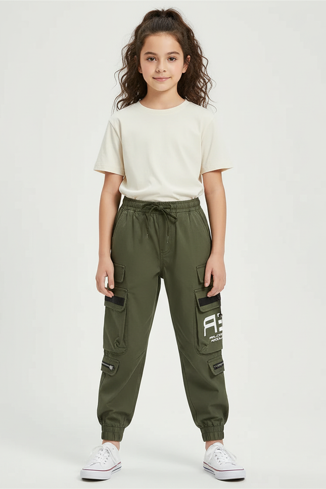 Pantalon Cargo Vert Militaire Ample Multipoches Enfant - Kaki Polyester