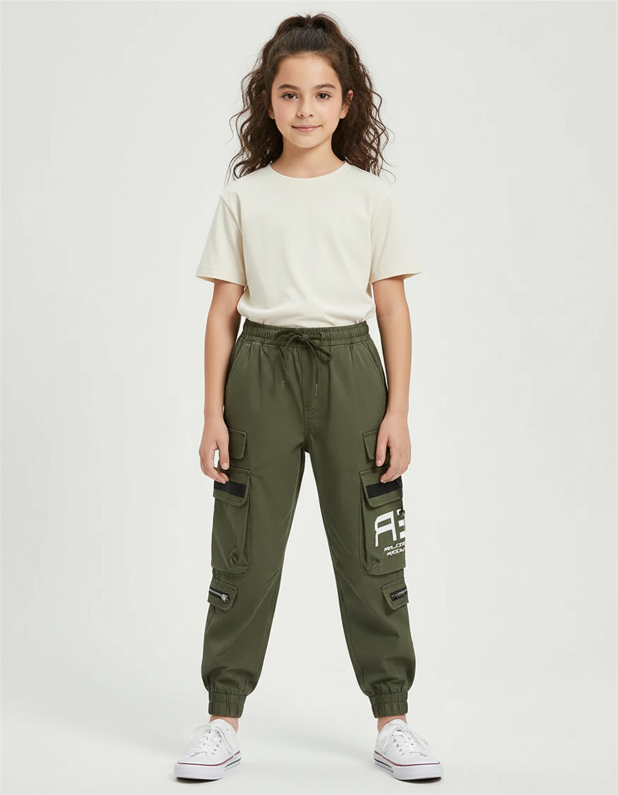 Pantalon Cargo Vert Militaire Ample Multipoches Enfant - Kaki Polyester