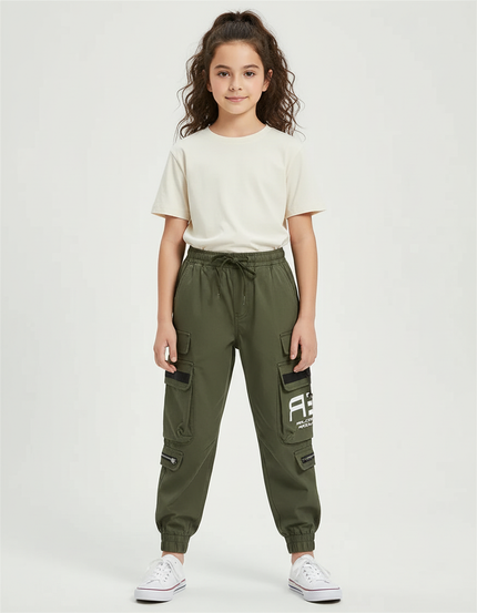 Pantalon Cargo Vert Militaire Ample Multipoches Enfant - Kaki Polyester