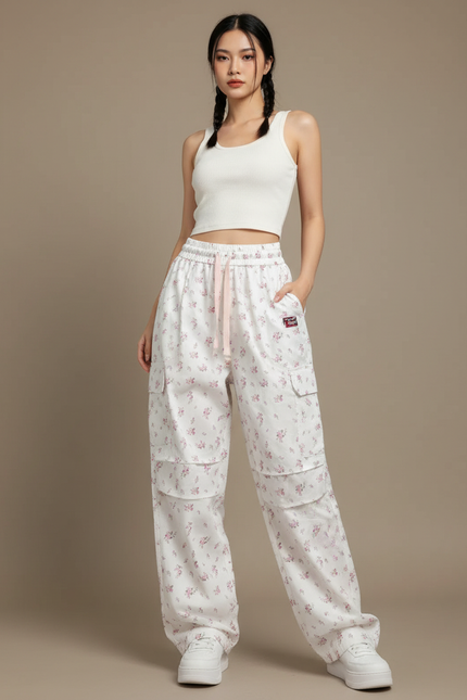 Pantalon Cargo Fleuri Blanc Ample Décontracté Femme - Coton