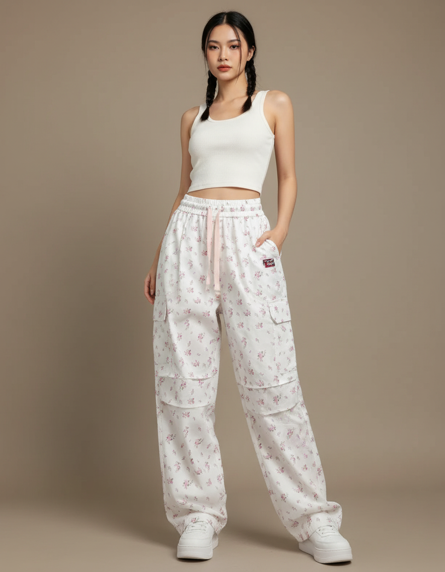 Pantalon Cargo Fleuri Blanc Ample Décontracté Femme - Coton