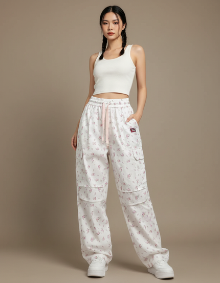 Pantalon Cargo Fleuri Blanc Ample Décontracté Femme - Coton