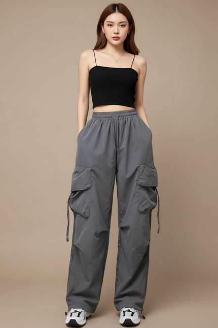 Pantalon Cargo Gris Ample Décontracté Femme - Polyester