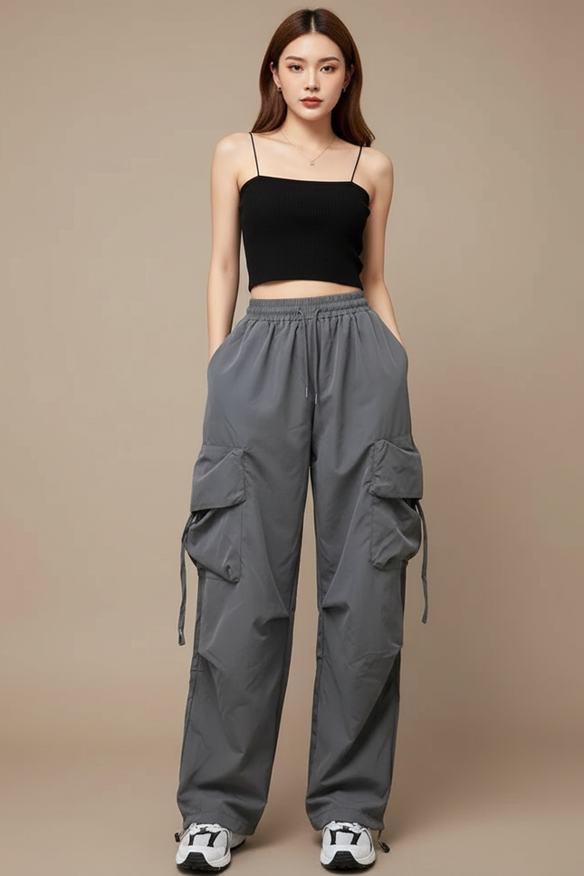 Pantalon Cargo Gris Ample Décontracté Femme - Polyester