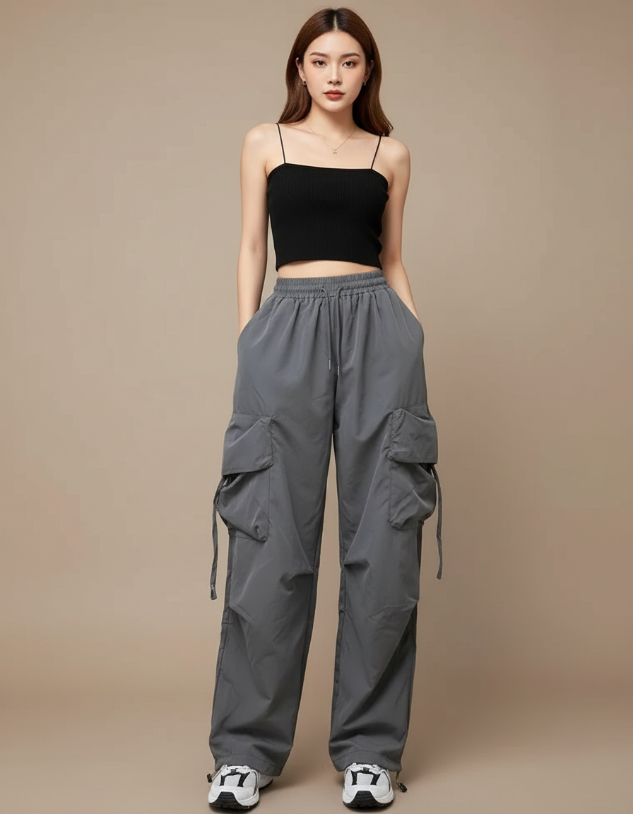 Pantalon Cargo Gris Ample Décontracté Femme - Polyester