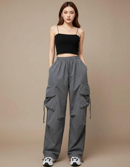 Pantalon Cargo Gris Ample Décontracté Femme - Polyester