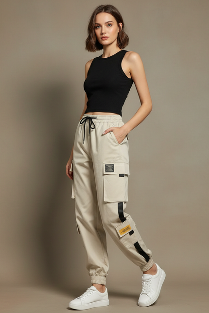 Pantalon Cargo Femme Beige Ample Multipoches Décontracté - Toile