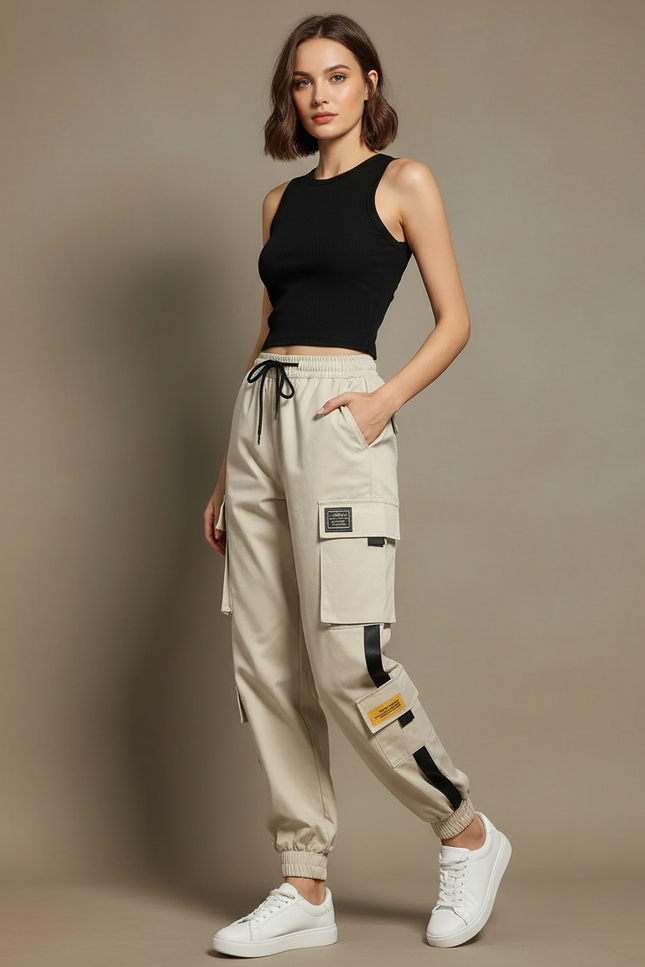 Pantalon Cargo Femme Beige Ample Multipoches Décontracté - Toile