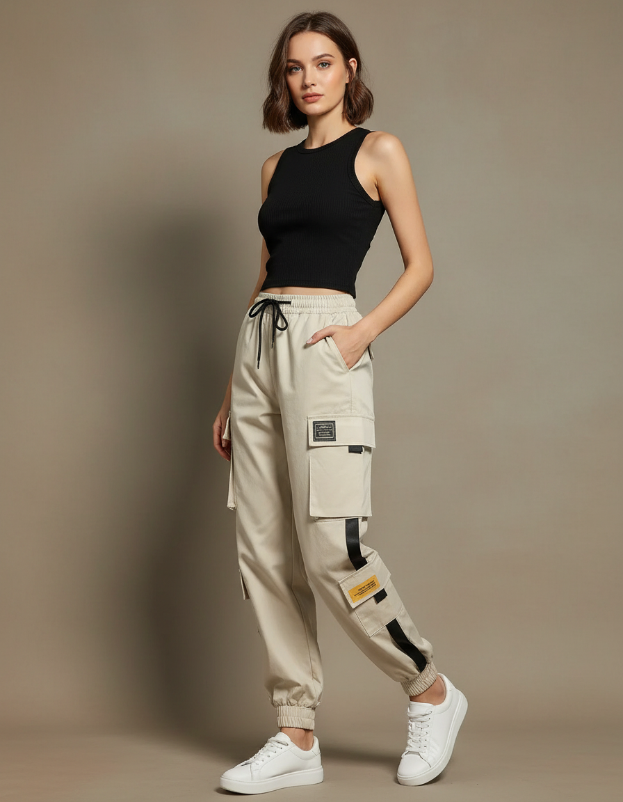 Pantalon Cargo Femme Beige Ample Multipoches Décontracté - Toile
