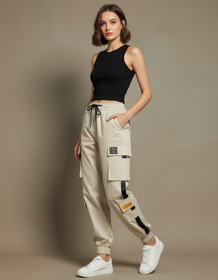 Pantalon Cargo Femme Beige Ample Multipoches Décontracté - Toile