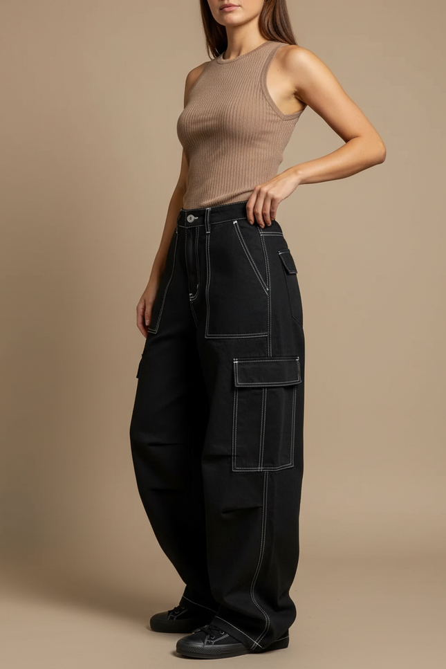 Pantalon Cargo Noir Ample Surpiqûres Blanches Femme - Toile