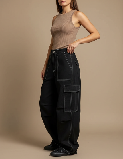 Pantalon Cargo Noir Ample Surpiqûres Blanches Femme - Toile