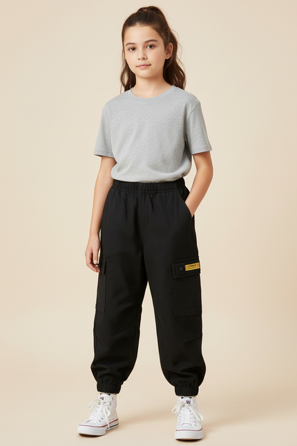 Pantalon Cargo Noir Ample Décontracté Enfant - Polyester