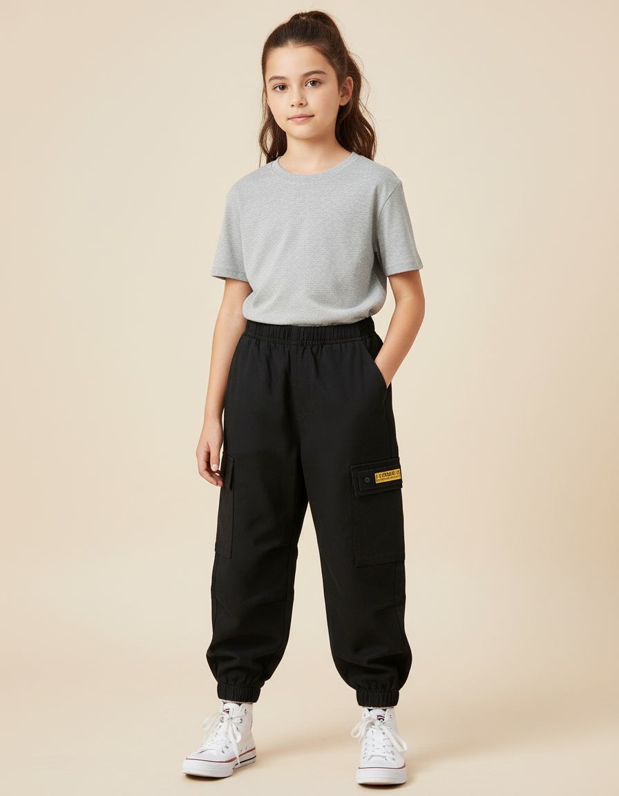 Pantalon Cargo Noir Ample Décontracté Enfant - Polyester