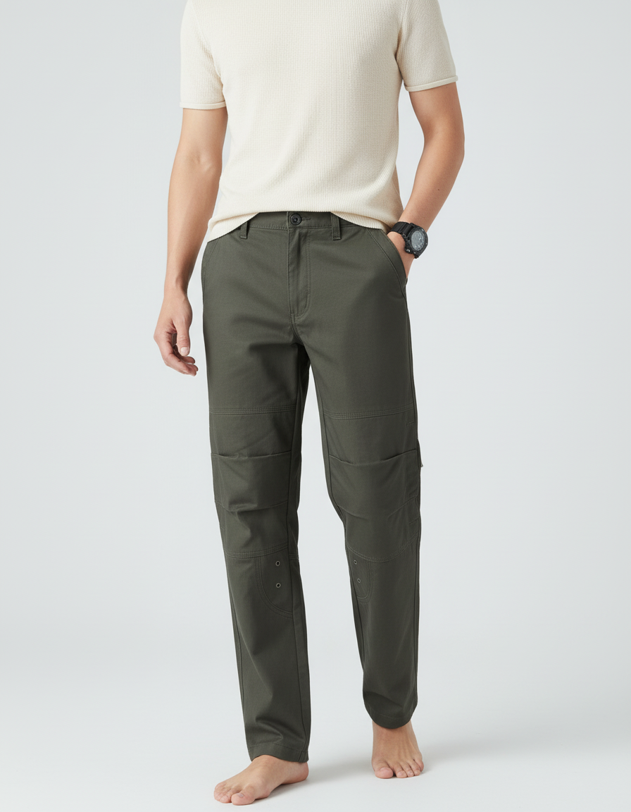 Pantalon Cargo Vert Ample Coton Renforcé Homme - Kaki