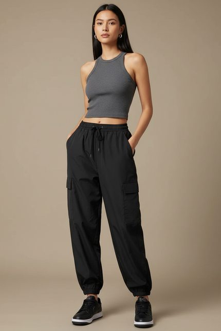 Pantalon Cargo Noir Fluide Sportif Femme - Polyester