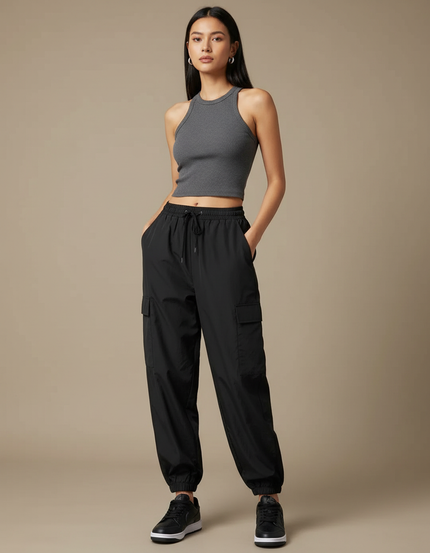 Pantalon Cargo Noir Fluide Sportif Femme - Polyester