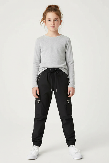 Pantalon Cargo Noir Zippé Fille Ample Coton