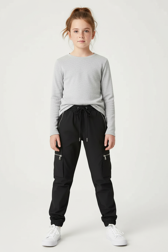 Pantalon Cargo Noir Zippé Fille Ample Coton