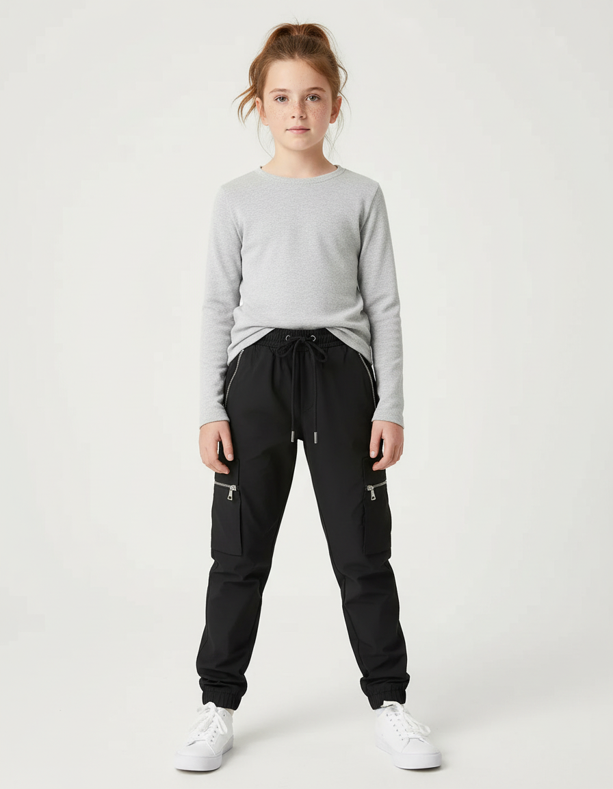 Pantalon Cargo Noir Zippé Fille Ample Coton