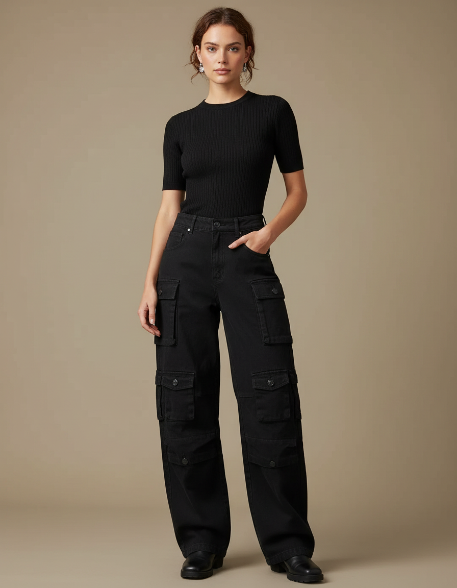 Pantalon Cargo Femme Noir Baggy - Jean