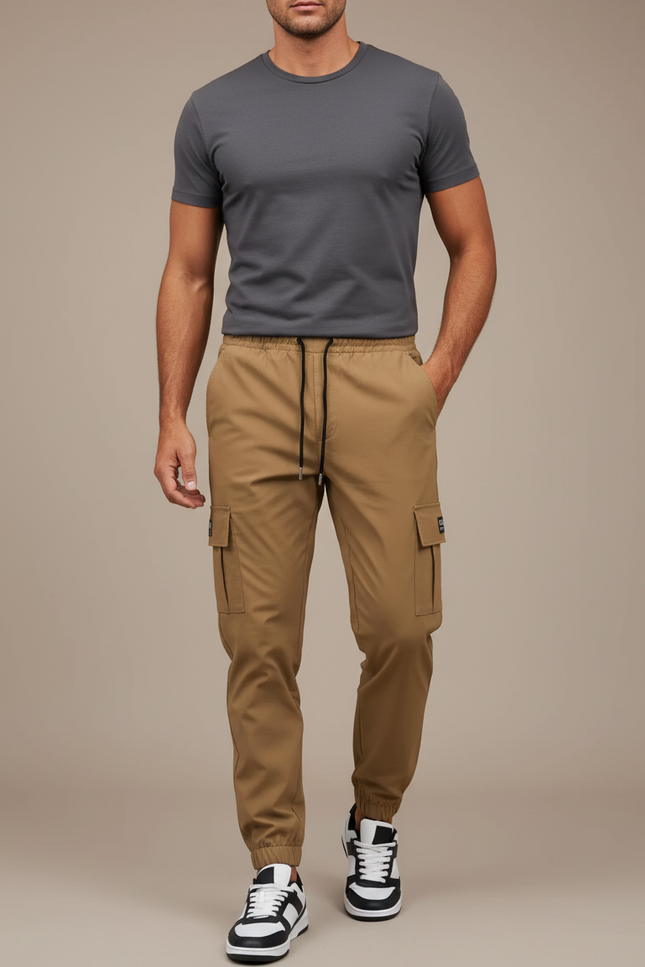 Pantalon Cargo Kaki Homme Jogger Multipoches Cordon - Polyester