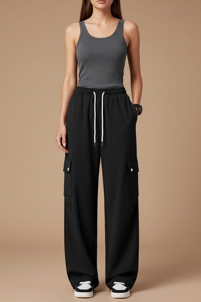 Pantalon Cargo Noir Ample Cordon Décontracté Femme - Polyester