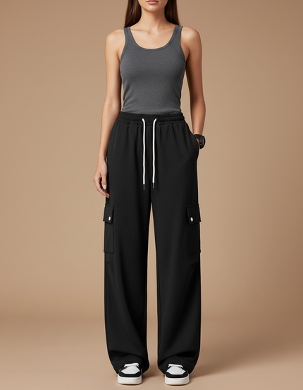 Pantalon Cargo Noir Ample Cordon Décontracté Femme - Polyester