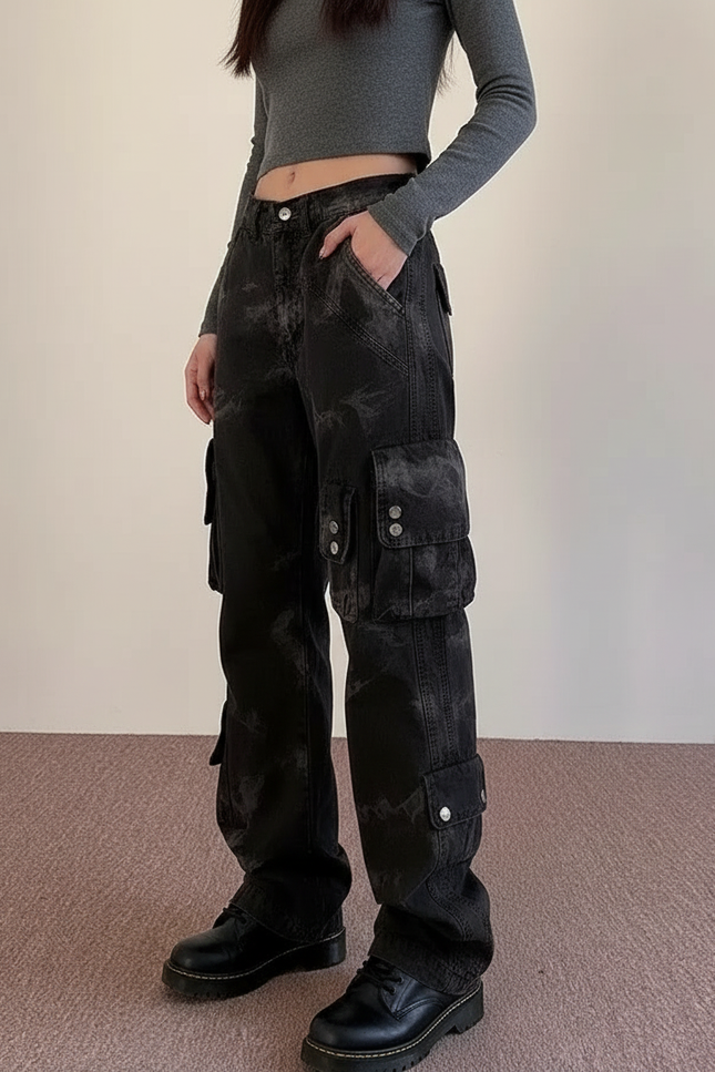 Pantalon Cargo Noir Délavé Ample Multipoches Streetwear Femme - Jean
