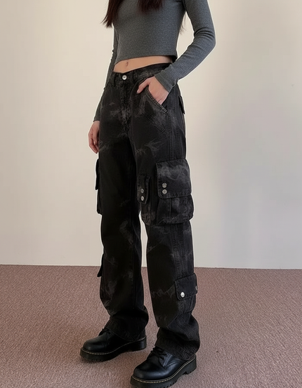 Pantalon Cargo Noir Délavé Ample Multipoches Streetwear Femme - Jean