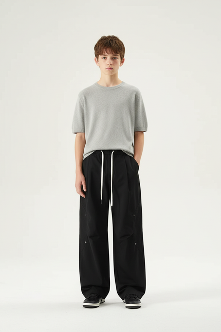 Pantalon Cargo Noir Ample Décontracté Cordon - Polyester
