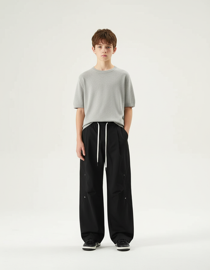 Pantalon Cargo Noir Ample Décontracté Cordon - Polyester