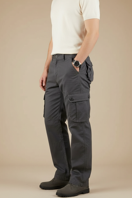 Pantalon Cargo Gris Coton Multipoches Décontracté Homme
