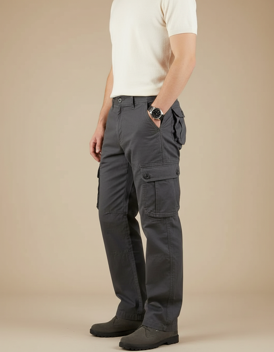 Pantalon Cargo Gris Coton Multipoches Décontracté Homme