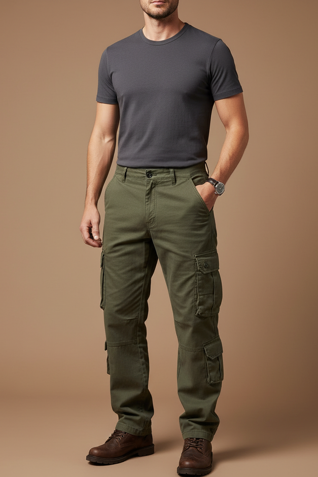Pantalon Cargo Homme Vert Ample Décontracté Multipoches - Kaki Toile