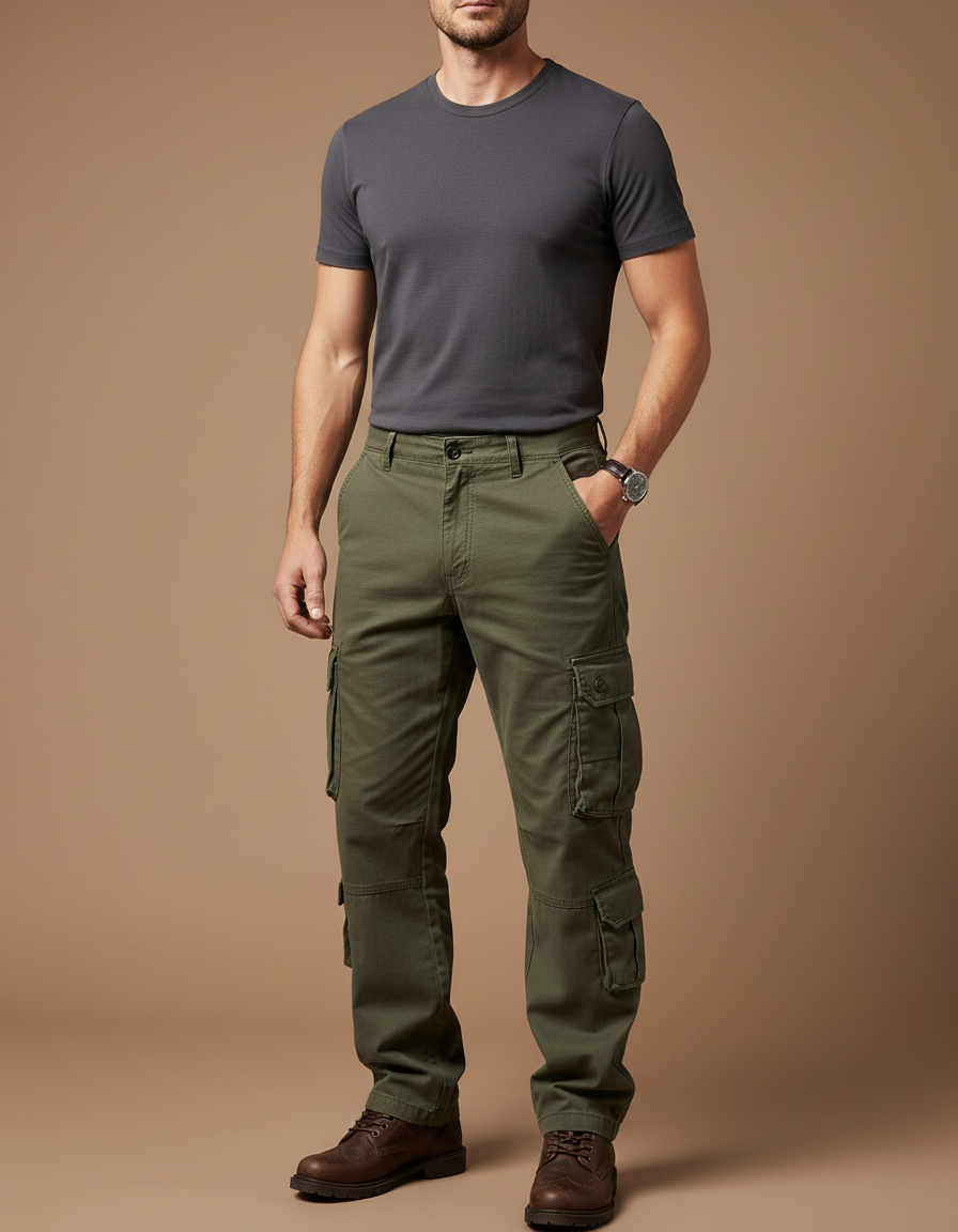 Pantalon Cargo Homme Vert Ample Décontracté Multipoches - Kaki Toile