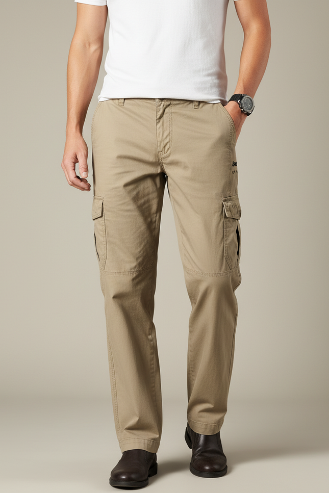 Pantalon Cargo Kaki Coton Multipoches Ample Décontracté