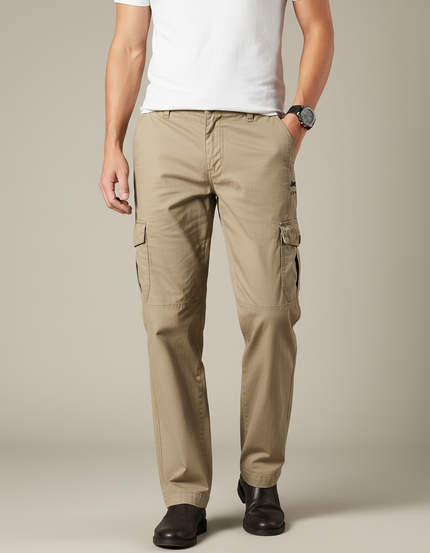 Pantalon Cargo Kaki Coton Multipoches Ample Décontracté
