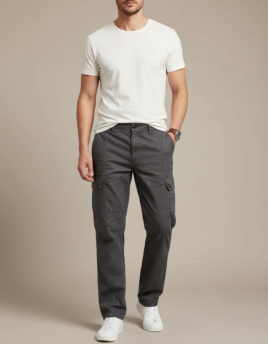 Pantalon Cargo Gris Foncé Coton Décontracté Multipoches