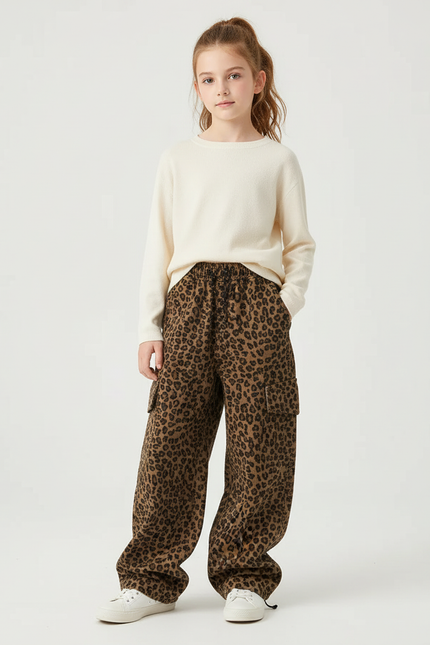 Pantalon Cargo Léopard Ample Fille Coton Imprimé