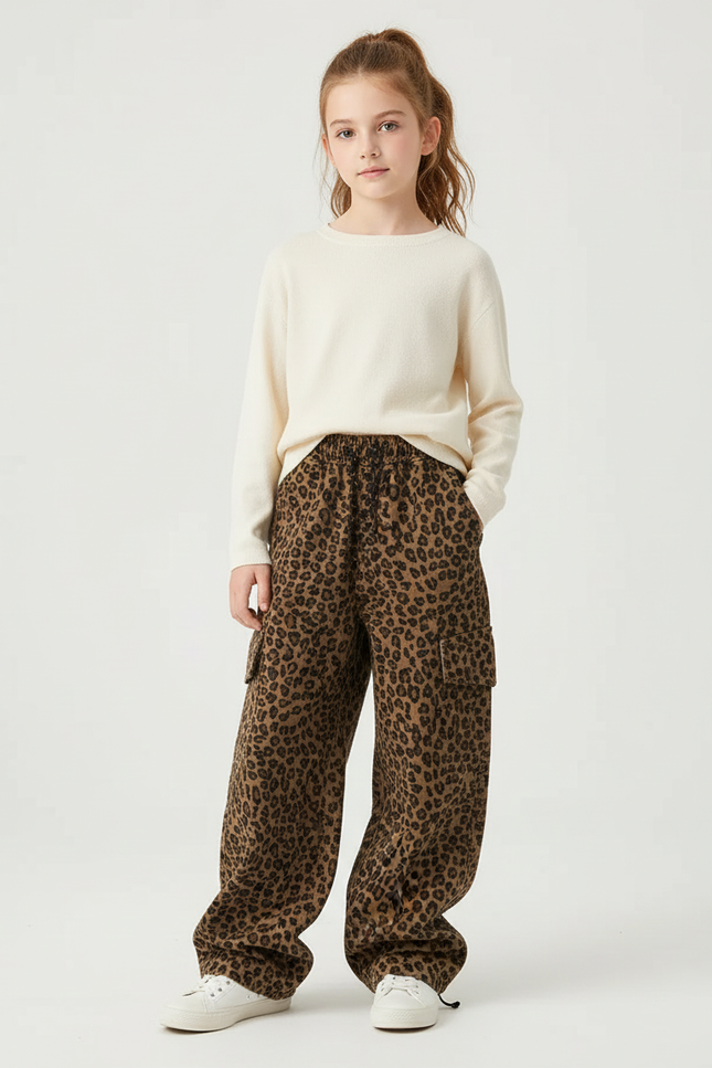Pantalon Cargo Léopard Ample Fille Coton Imprimé