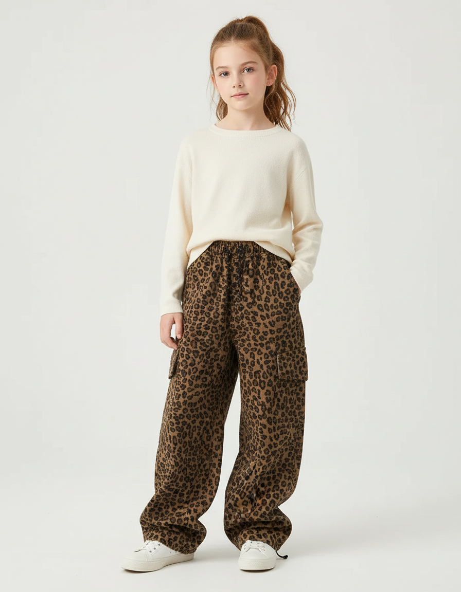 Pantalon Cargo Léopard Ample Fille Coton Imprimé