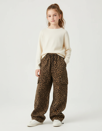 Pantalon Cargo Léopard Ample Fille Coton Imprimé