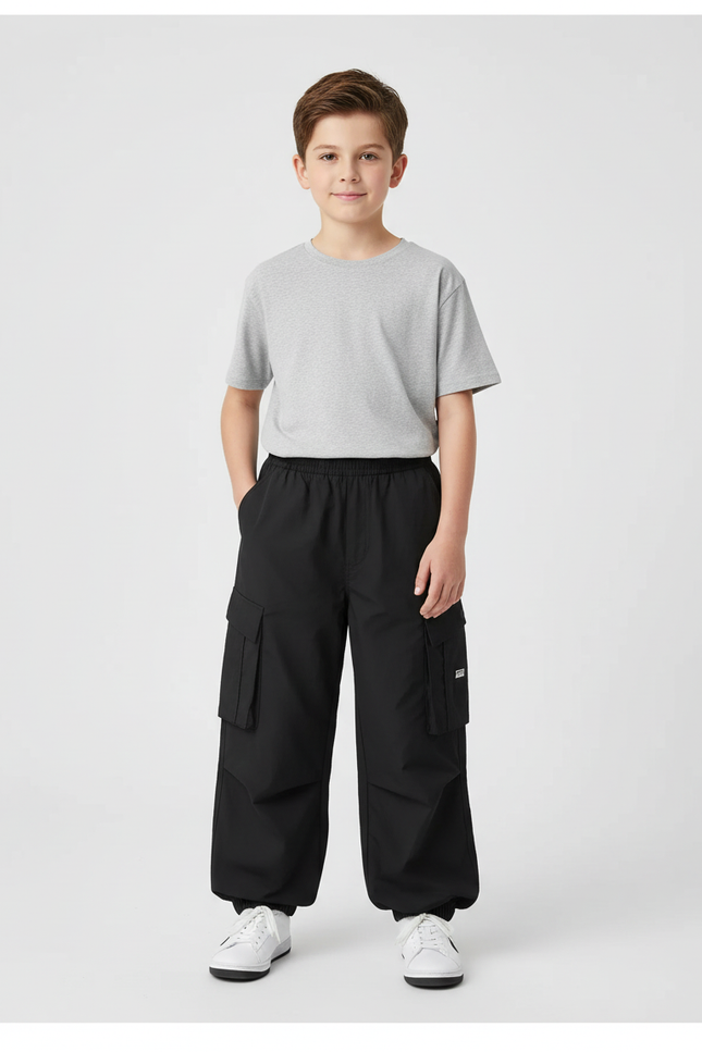 Pantalon Cargo Noir Ample Coton Enfant - Polyester