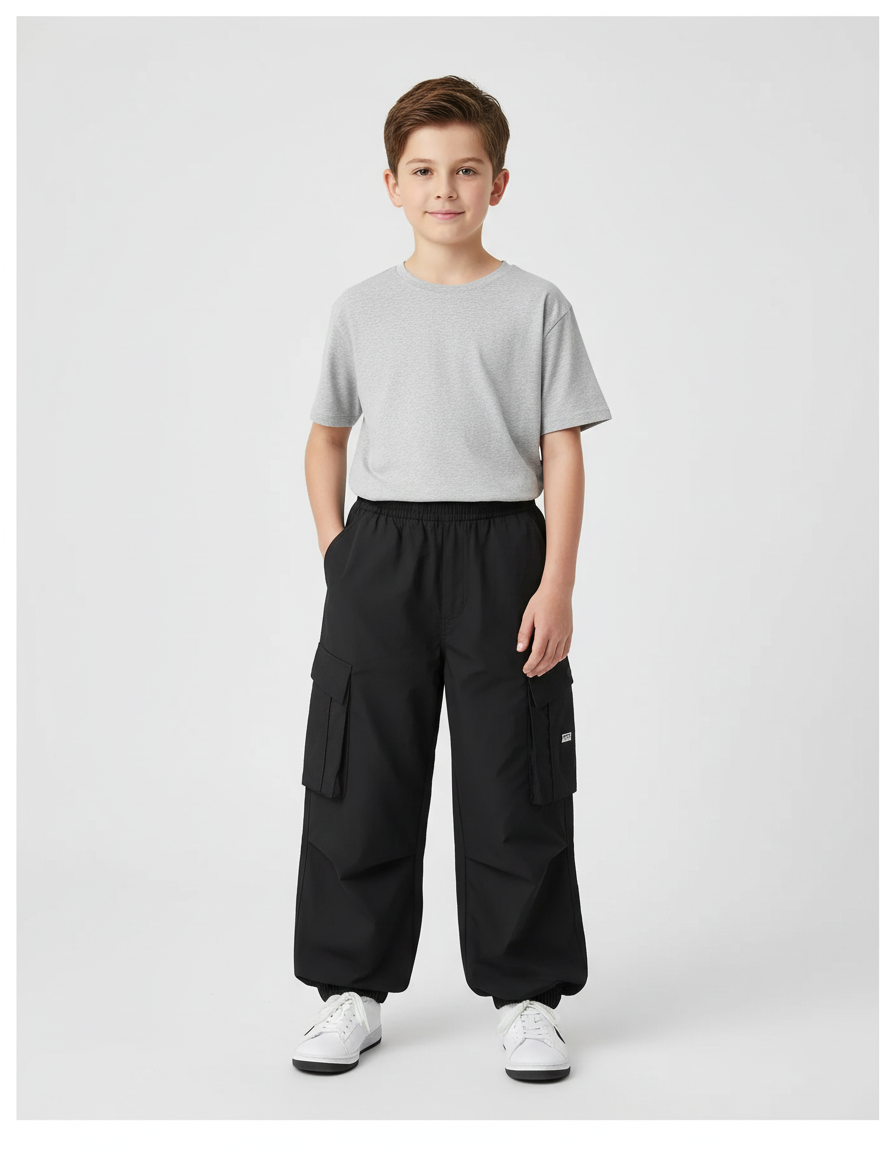 Pantalon Cargo Noir Ample Coton Enfant - Polyester