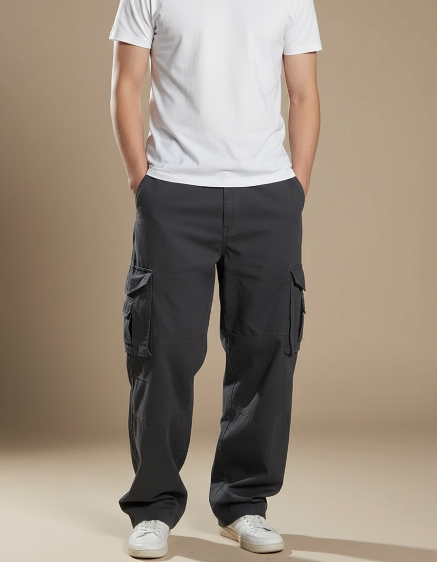 Pantalon Cargo Gris Ample Décontracté Homme Coton - Toile