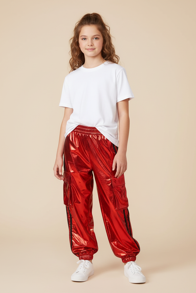 Pantalon Cargo Rouge Brillant Ample Enfant Streetwear - Polyester