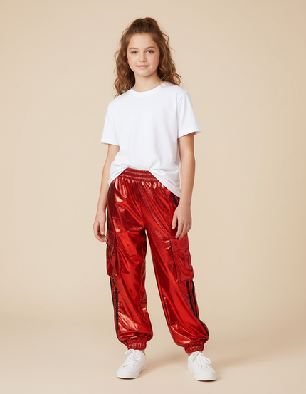 Pantalon Cargo Rouge Brillant Ample Enfant Streetwear - Polyester