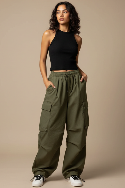 Pantalon Cargo Kaki Ample Décontracté Poches Femme - Toile
