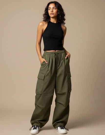 Pantalon Cargo Kaki Ample Décontracté Poches Femme - Toile